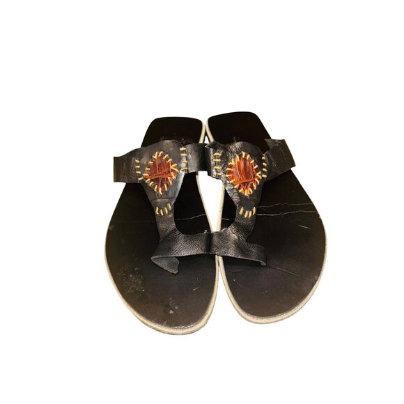Handcrafted Leather Toe Ring Sandal Kwame B  8.5 Black Brown Sunburst Artsy Boho - Picture 1 of 11